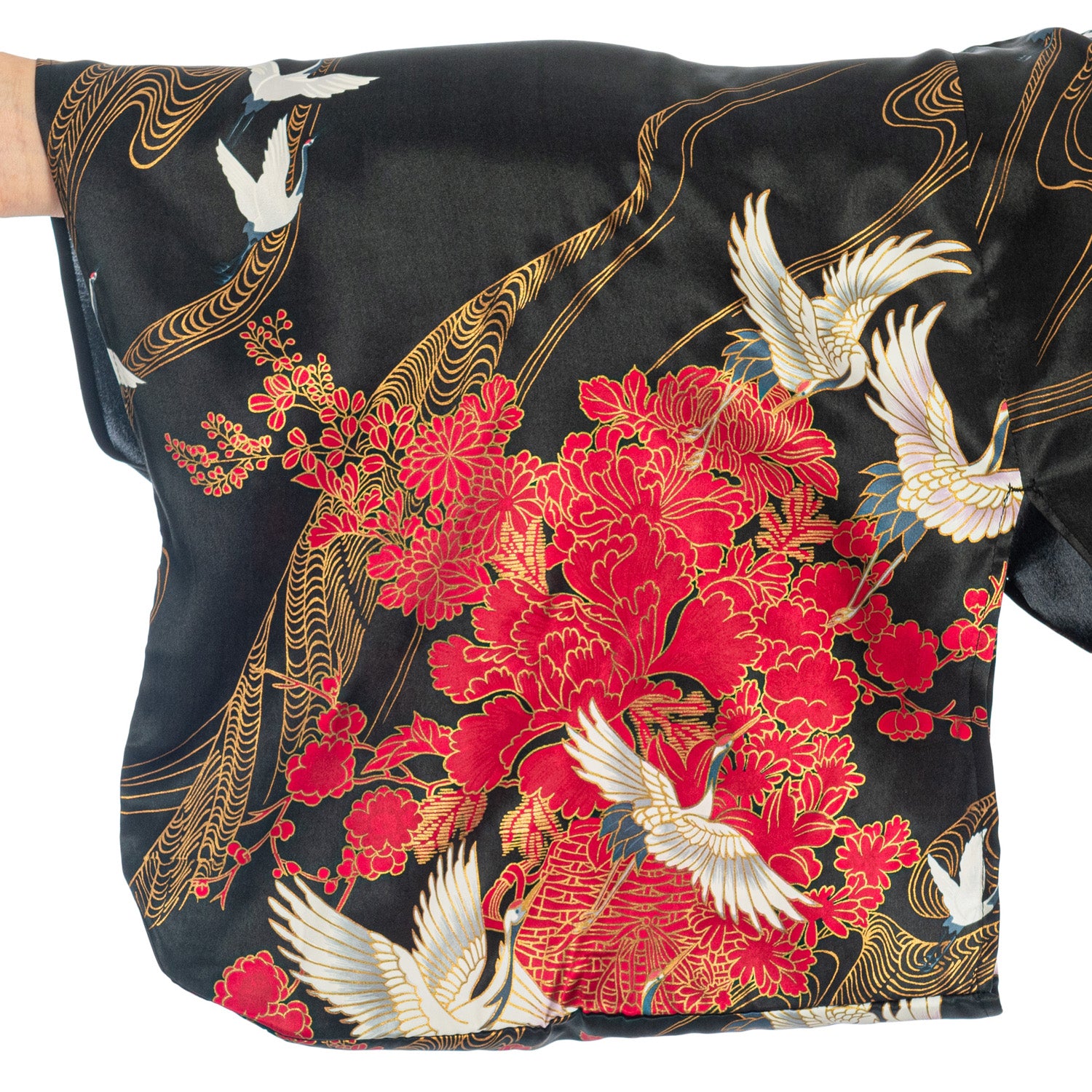 Silk Crane Print Long Black Japanese Kimono XL