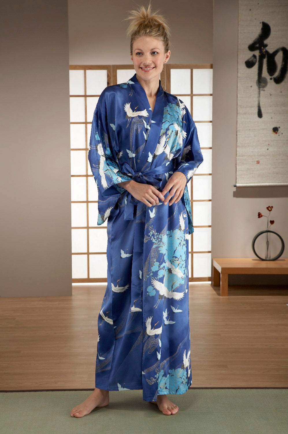 Silk Crane Print Long Blue Japanese Kimono