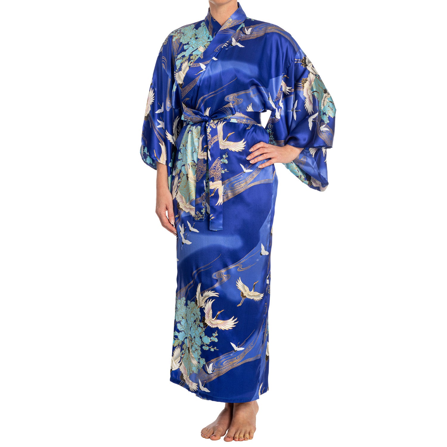 Authentic Navy Blue Crane Japanese Cotton Kimono – Full-Length Yukata With Sash, Made In Kyoto