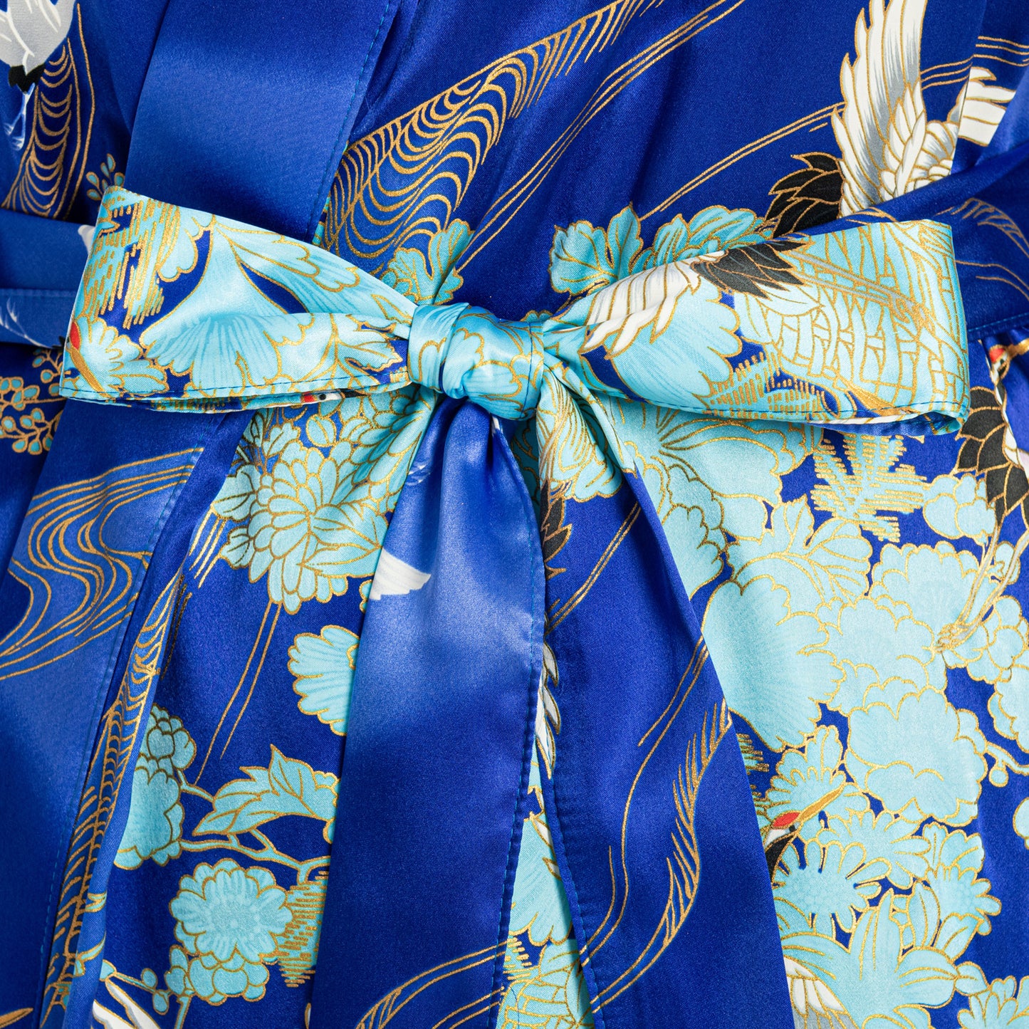 Silk Crane Print Long Blue Japanese Kimono XL