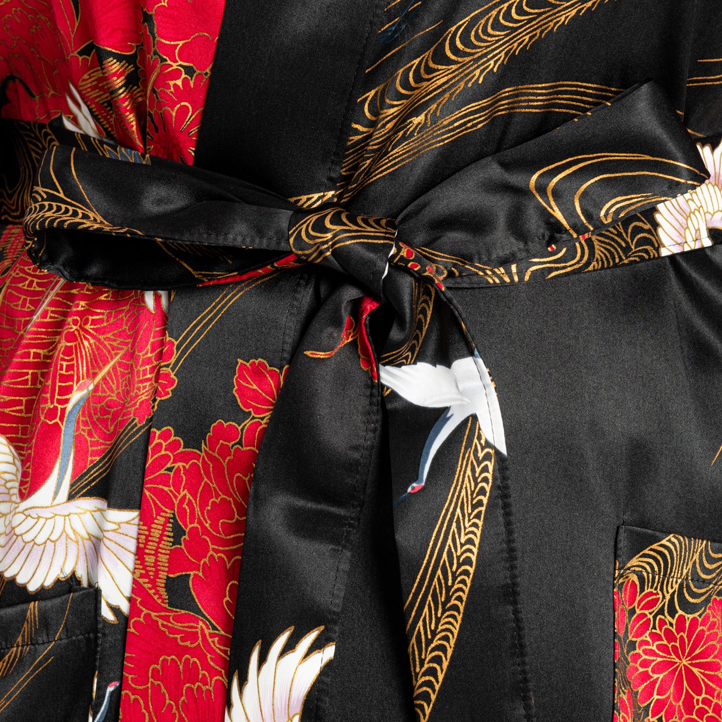 Silk Crane Print Short Black Japanese Kimono