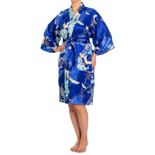 Silk Crane Print Short Blue Japanese Kimono