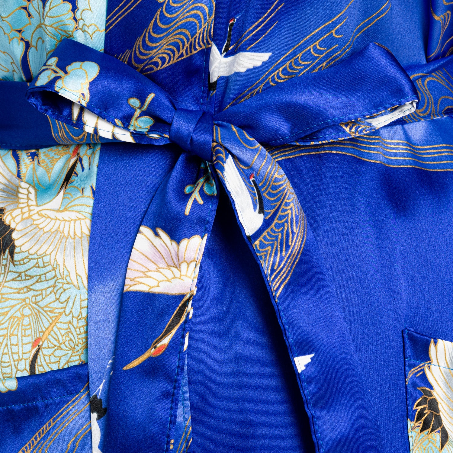 Silk Crane Print Short Blue Japanese Kimono