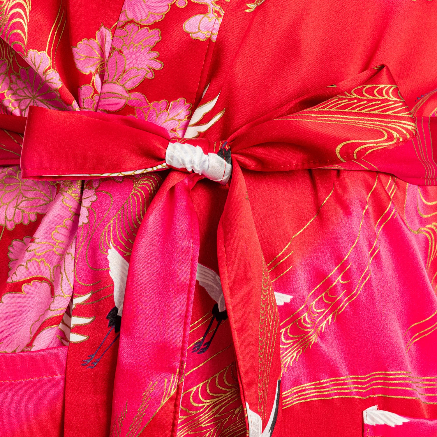 Silk Crane Print Short Red Japanese Kimono