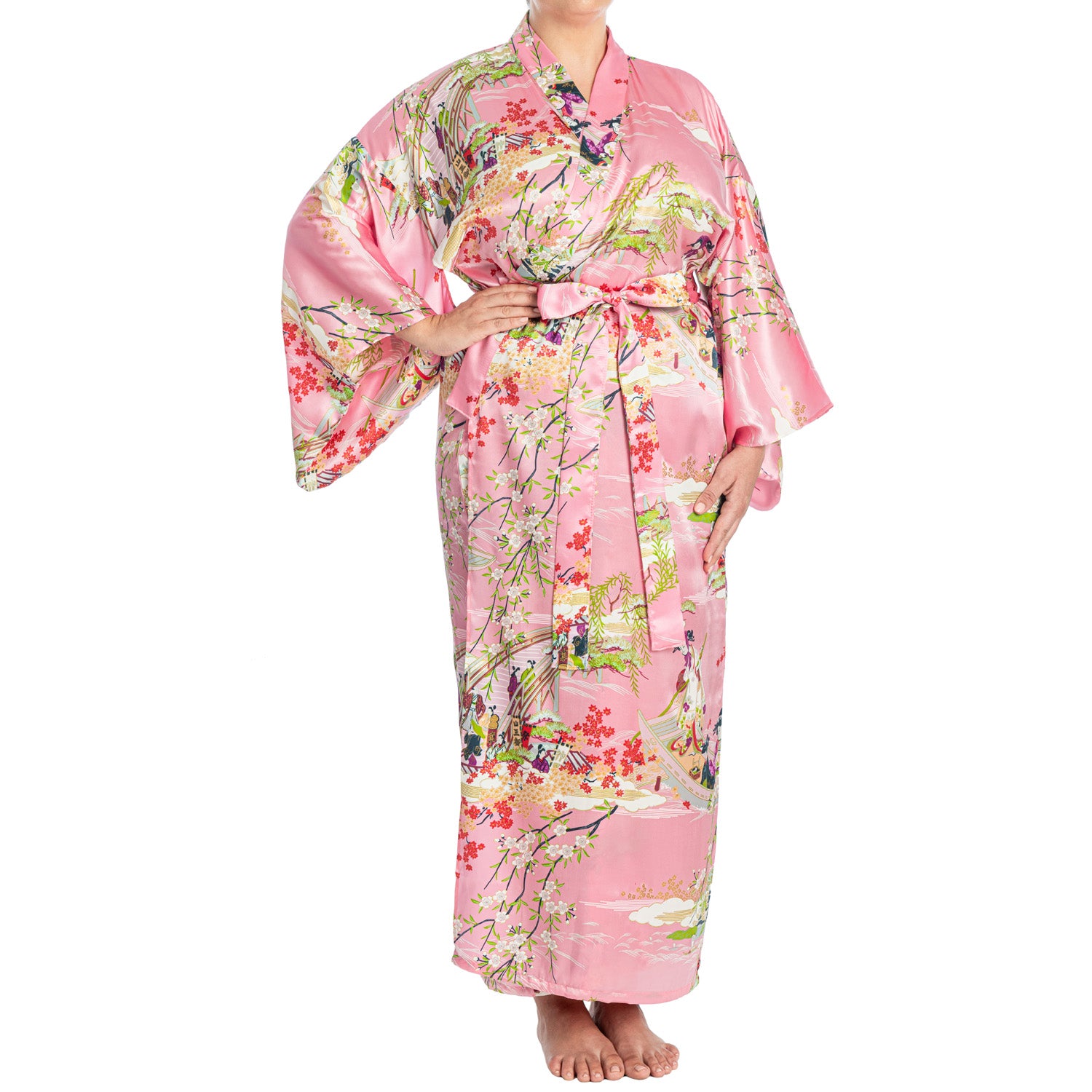 Silk Ukiyoe Print Long Pink Japanese Kimono XL