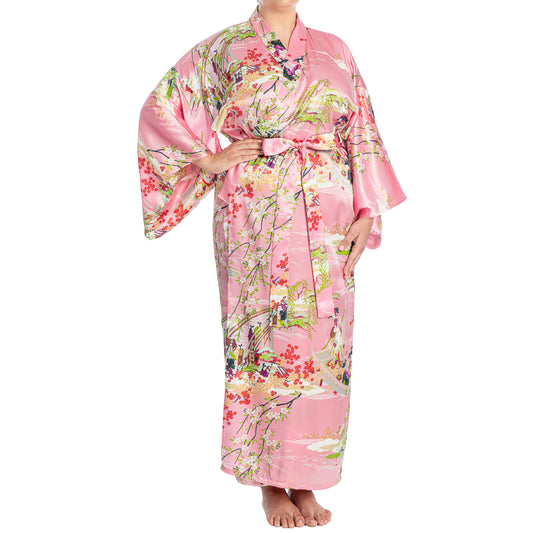 Silk Ukiyoe Print Long Pink Japanese Kimono XL