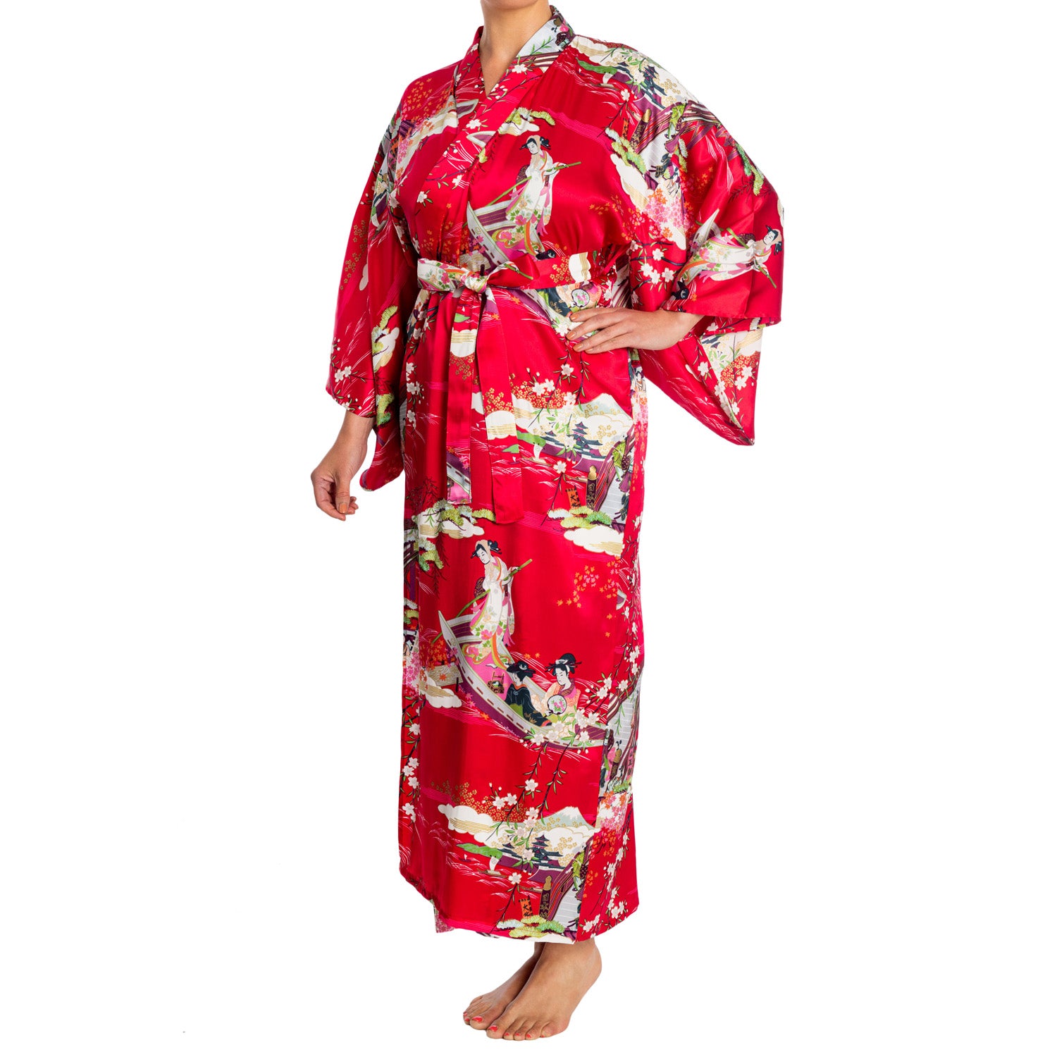 Silk Ukiyoe Print Long Red Japanese Kimono – The Japanese Shop