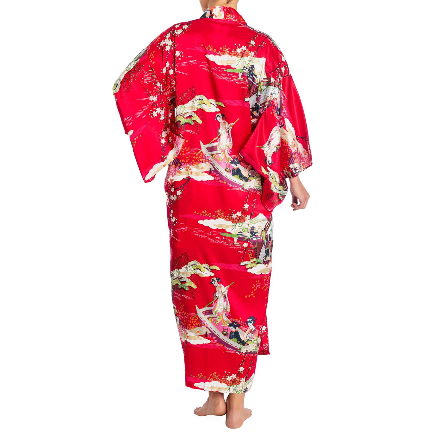 Silk Ukiyoe Print Long Red Japanese Kimono