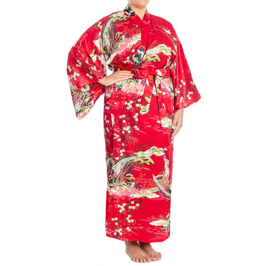 Silk Ukiyoe Print Long Red Japanese Kimono XL