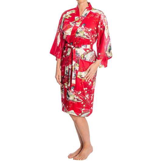Silk Ukiyoe Print Short Red Japanese Kimono